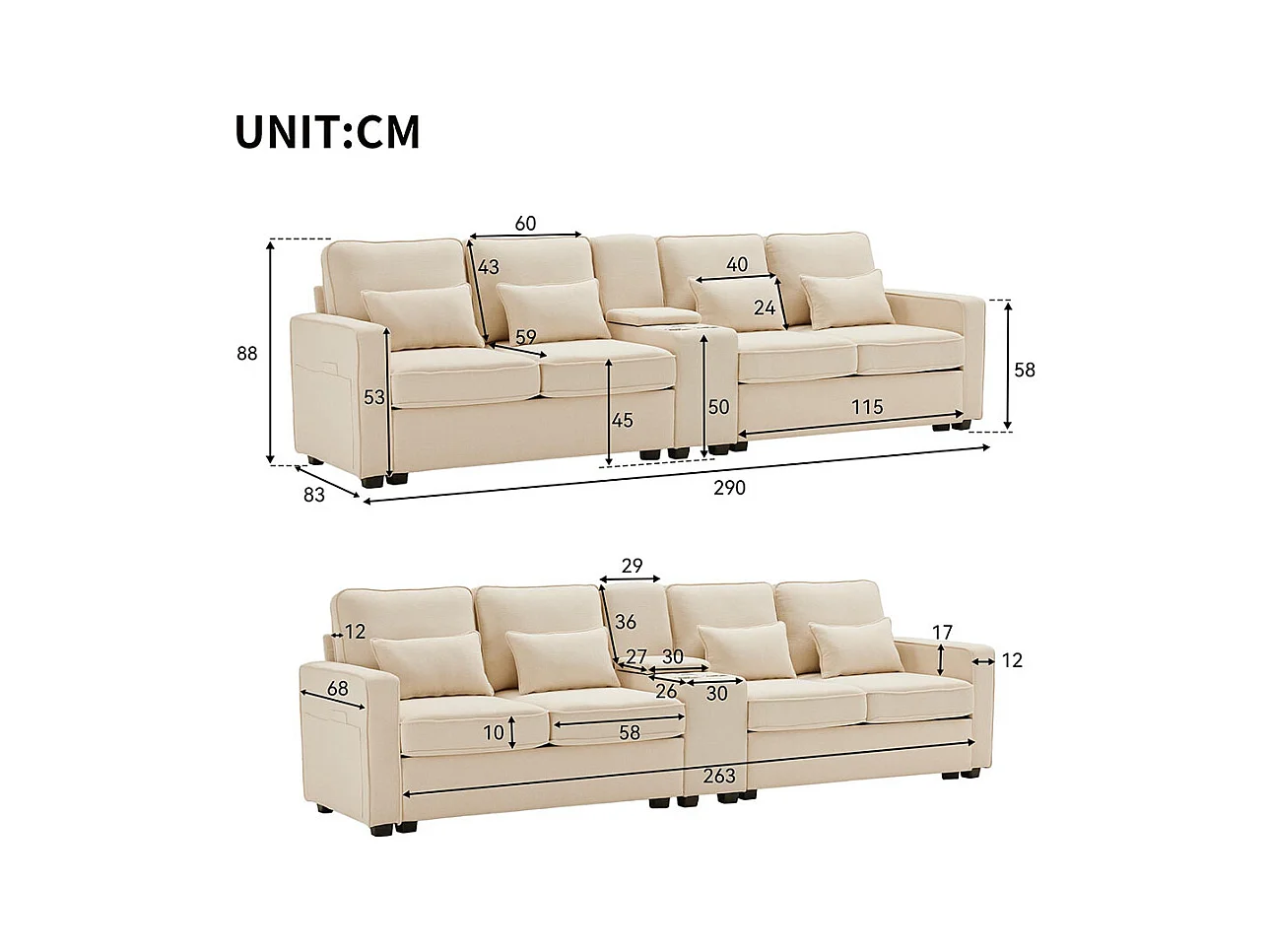 Canapé fixe 4 places avec console 2 porte-gobelets 2 ports USB pour recharger avec un câble avec poches d'accoudoirs lin Beige