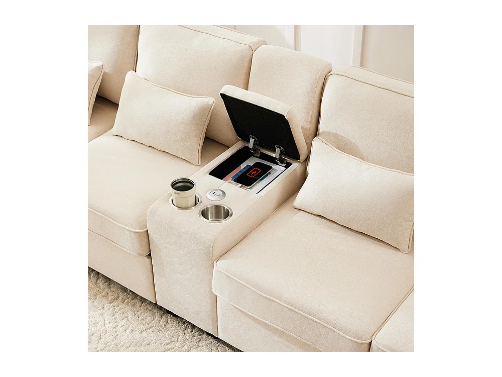 Canapé fixe 4 places avec console 2 porte-gobelets 2 ports USB pour recharger avec un câble avec poches d'accoudoirs lin Beige