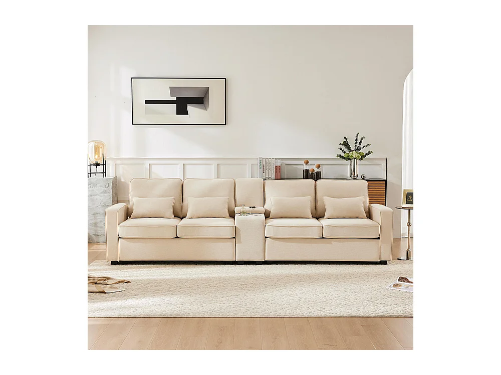 Canapé fixe 4 places avec console 2 porte-gobelets 2 ports USB pour recharger avec un câble avec poches d'accoudoirs lin Beige