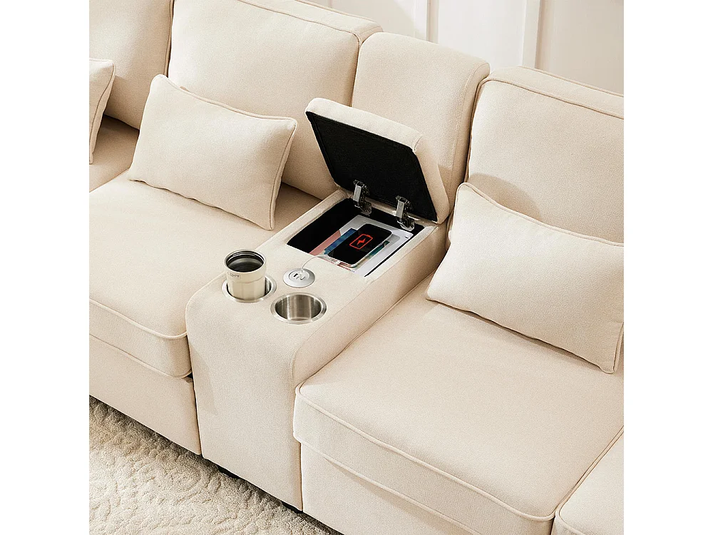 Canapé fixe 4 places avec console 2 porte-gobelets 2 ports USB pour recharger avec un câble avec poches d'accoudoirs lin Beige