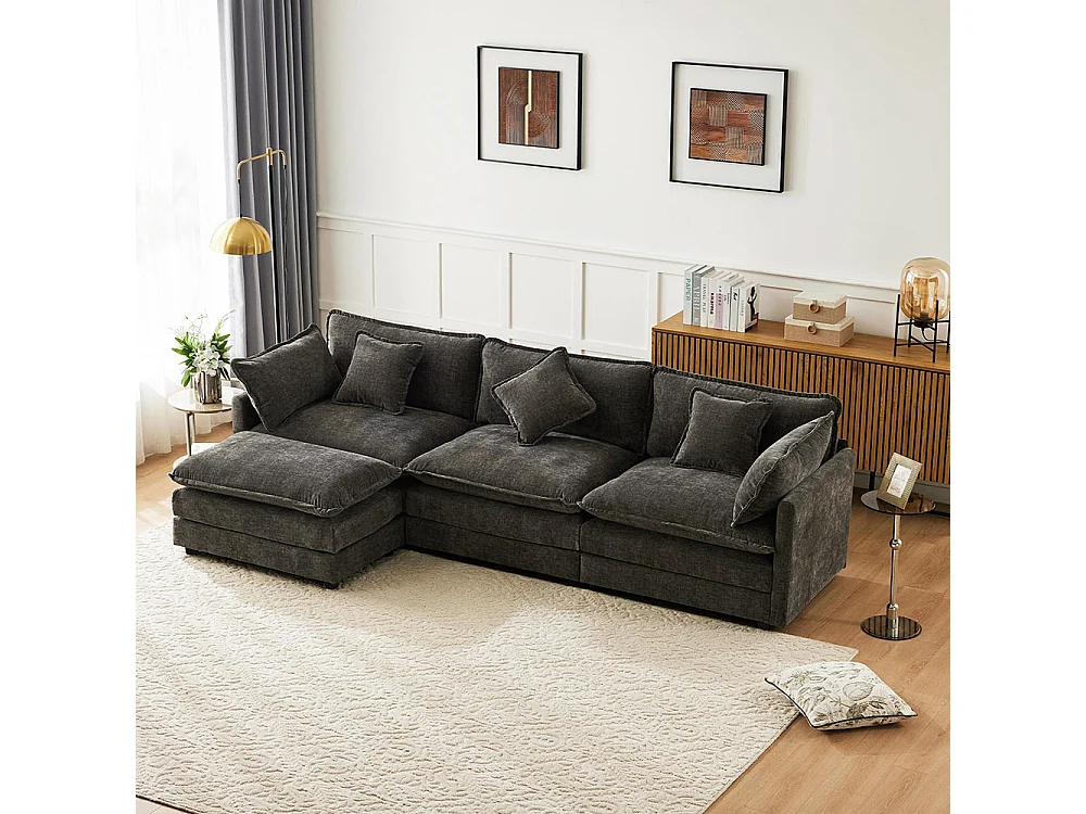 Canapé fixe rembourrés chenille 3 places avec repose-pieds canapé d'angle en L gris