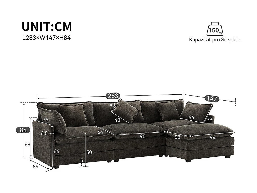 Canapé fixe rembourrés chenille 3 places avec repose-pieds canapé d'angle en L gris