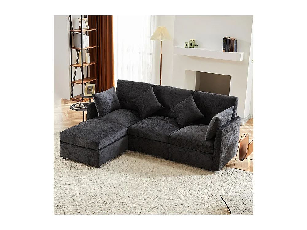 Canapé fixe en tissu chenille canapé 3 places canapé d'angle en L avec repose-pieds gris