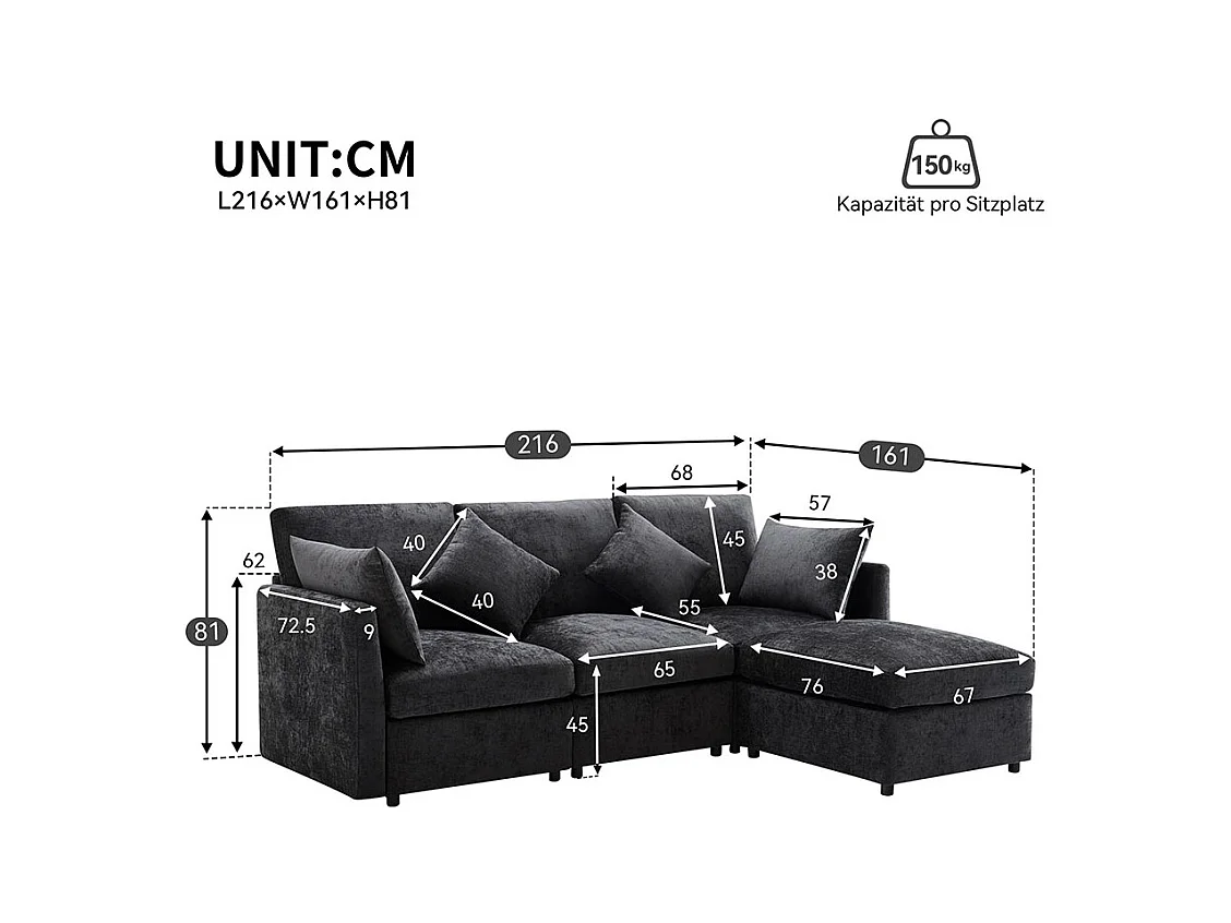 Canapé fixe en tissu chenille canapé 3 places canapé d'angle en L avec repose-pieds gris