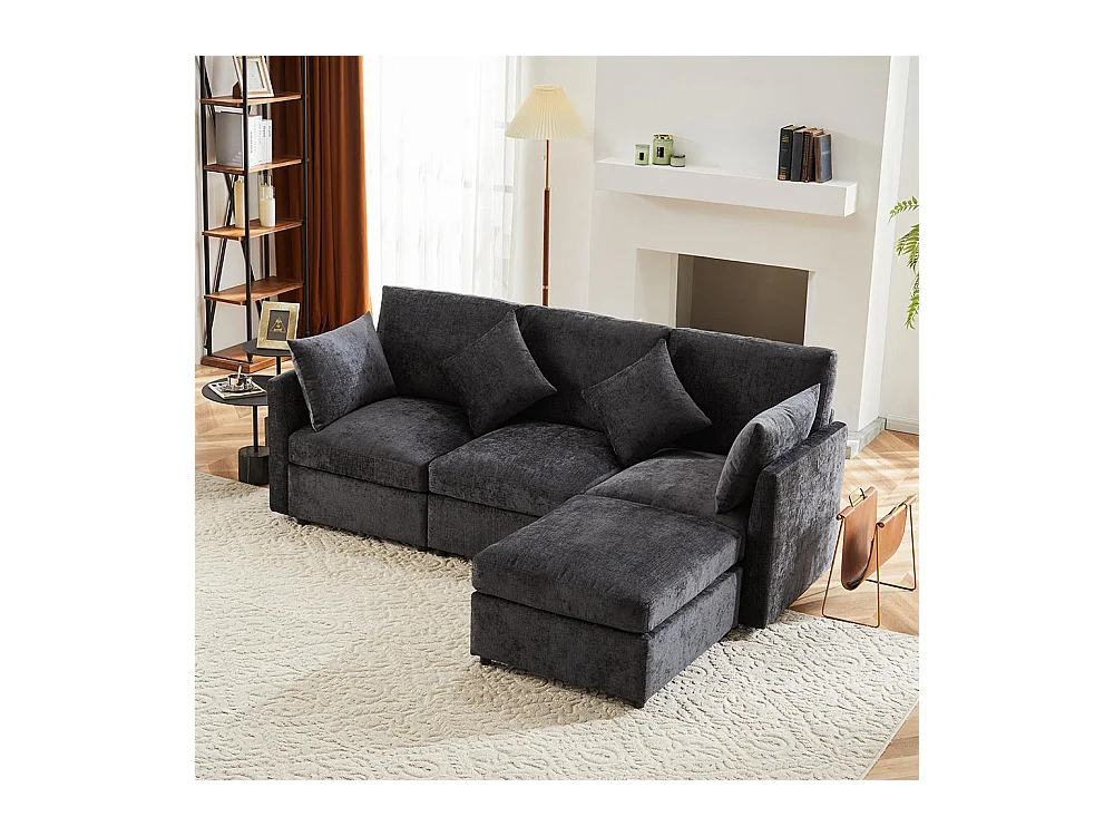 Canapé fixe en tissu chenille canapé 3 places canapé d'angle en L avec repose-pieds gris