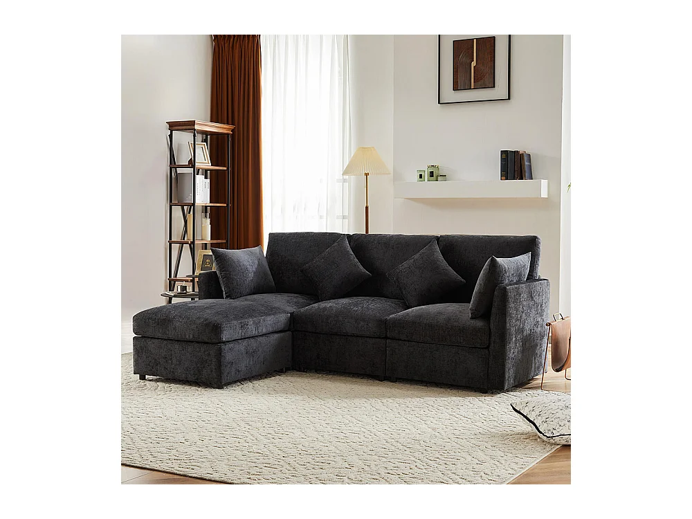 Canapé fixe en tissu chenille canapé 3 places canapé d'angle en L avec repose-pieds gris