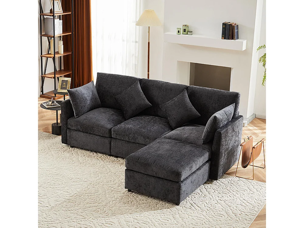 Canapé fixe en tissu chenille canapé 3 places canapé d'angle en L avec repose-pieds gris