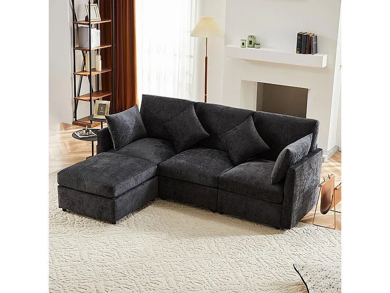 Canapé fixe en tissu chenille canapé 3 places canapé d'angle en L avec repose-pieds gris