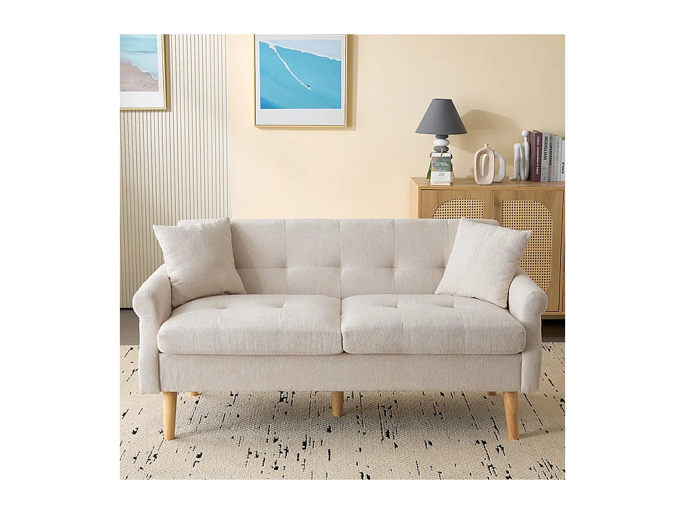 Canapé fixe rembourrés tissu chenille canapé deux places canapé rembourré canapé avec coussins épais beige