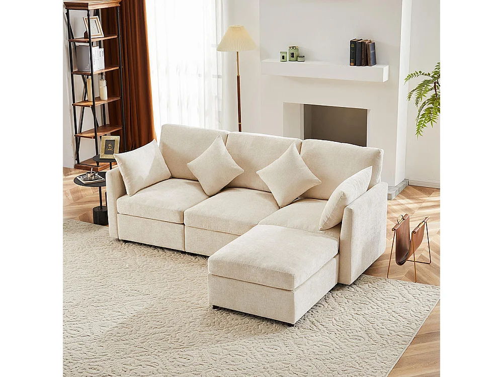 Canapé fixe en tissu chenille canapé 3 places canapé d'angle en L avec repose-pieds beige