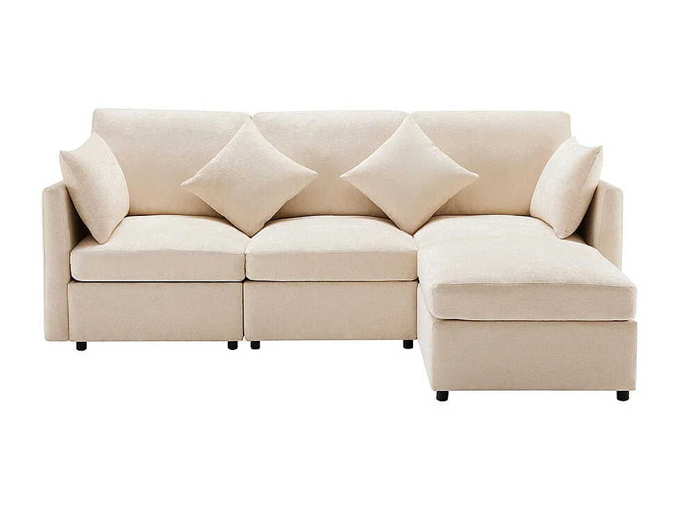 Canapé fixe en tissu chenille canapé 3 places canapé d'angle en L avec repose-pieds beige