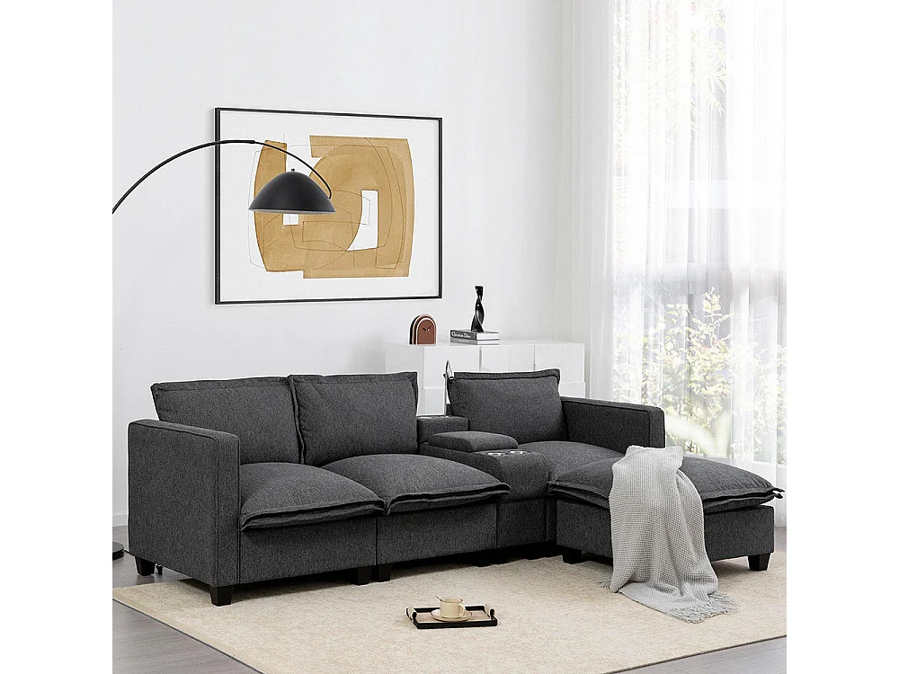 Canapé fixe 3 places avec espace de rangement port USB lampe de lecture porte-gobelet en chenille avec pouf gris