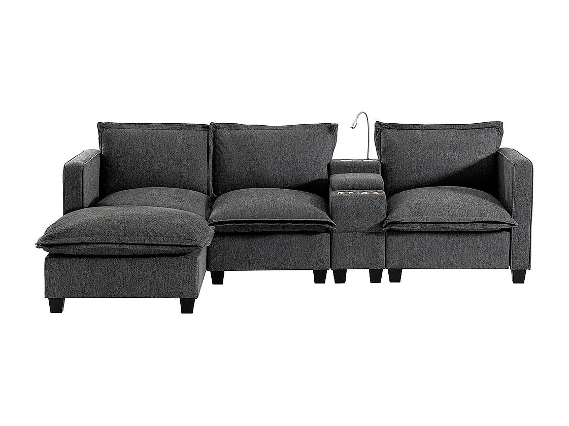 Canapé fixe 3 places avec espace de rangement port USB lampe de lecture porte-gobelet en chenille avec pouf gris