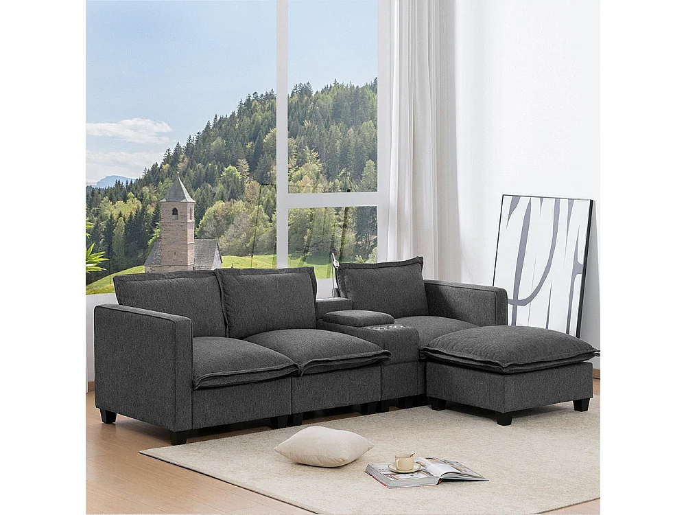 Canapé fixe 3 places avec espace de rangement port USB lampe de lecture porte-gobelet en chenille avec pouf gris