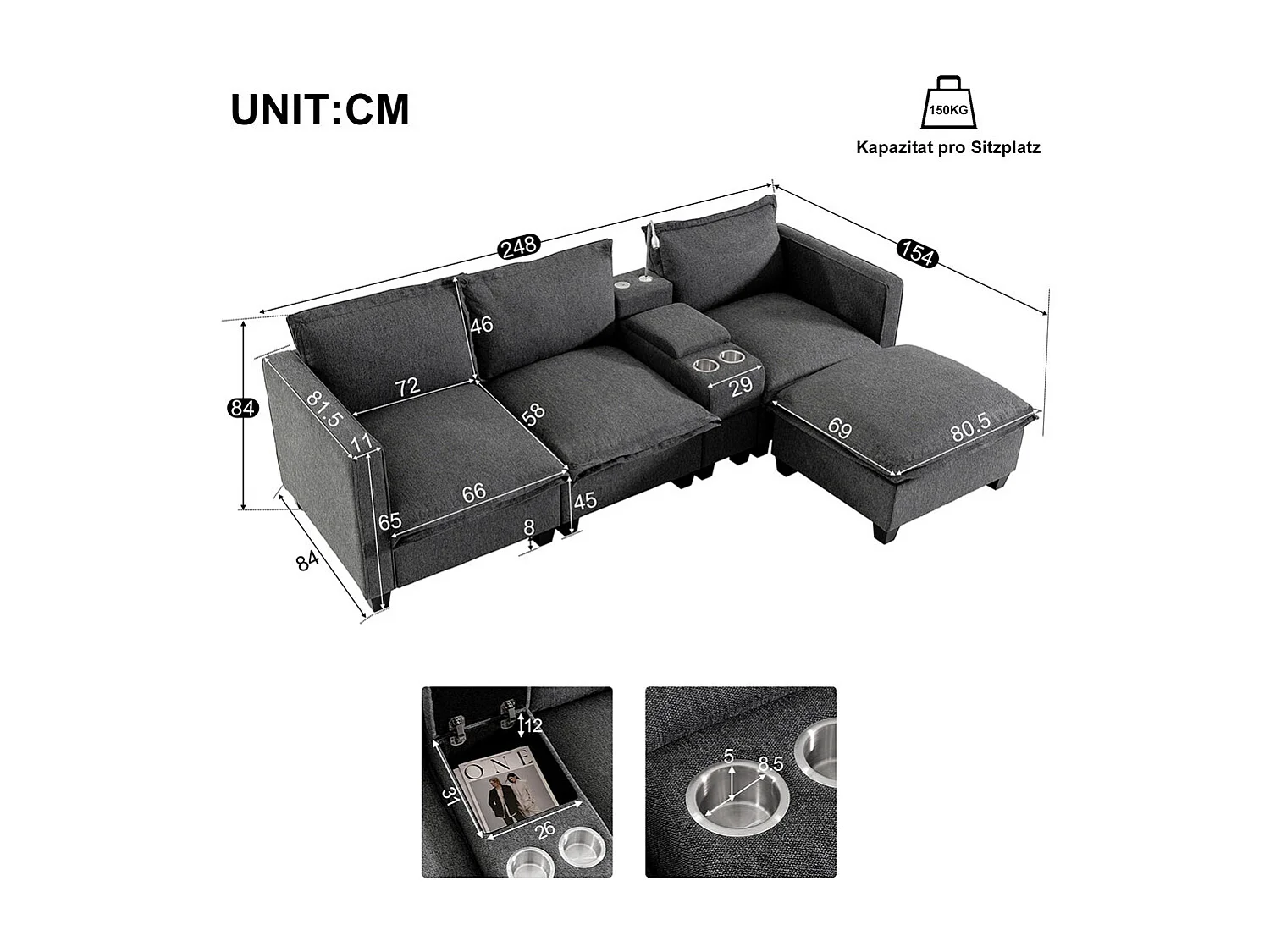 Canapé fixe 3 places avec espace de rangement port USB lampe de lecture porte-gobelet en chenille avec pouf gris