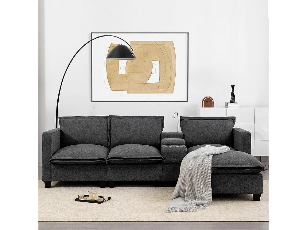 Canapé fixe 3 places avec espace de rangement port USB lampe de lecture porte-gobelet en chenille avec pouf gris