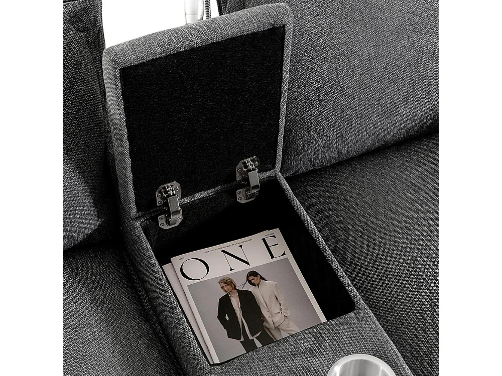 Canapé fixe 3 places avec espace de rangement port USB lampe de lecture porte-gobelet en chenille avec pouf gris