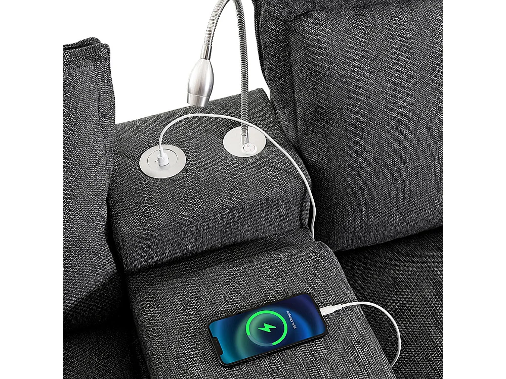 Canapé fixe 3 places avec espace de rangement port USB lampe de lecture porte-gobelet en chenille avec pouf gris