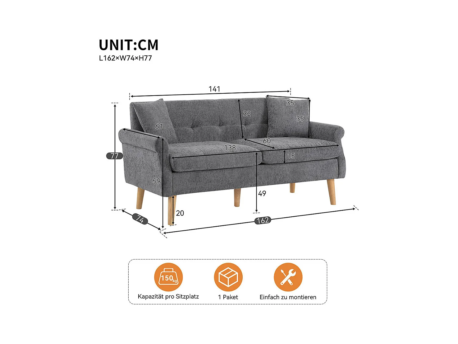 Canapé fixe rembourrés tissu chenille canapé deux places canapé rembourré canapé avec coussins épais gris