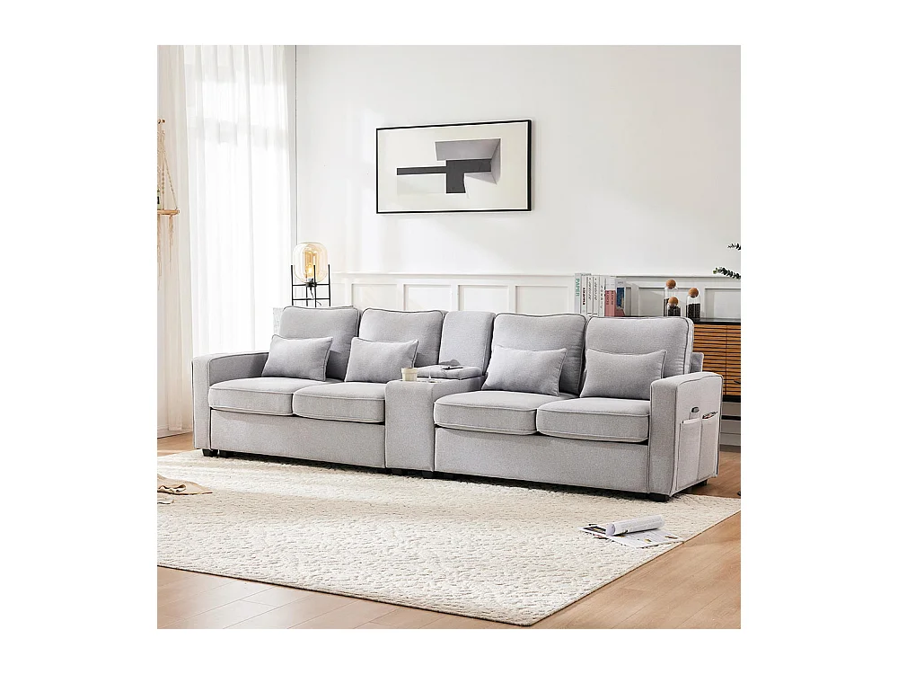 Canapé fixe 4 places avec console 2 porte-gobelets 2 ports USB pour recharger avec un câble avec poches d'accoudoirs lin Gris