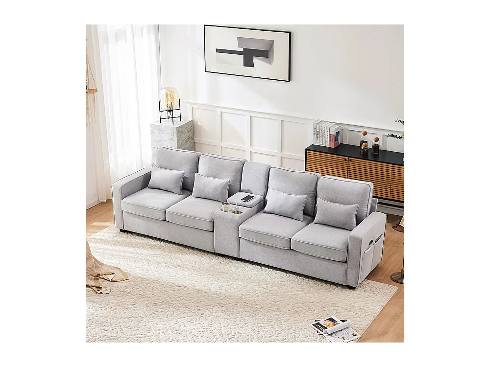 Canapé fixe 4 places avec console 2 porte-gobelets 2 ports USB pour recharger avec un câble avec poches d'accoudoirs lin Gris