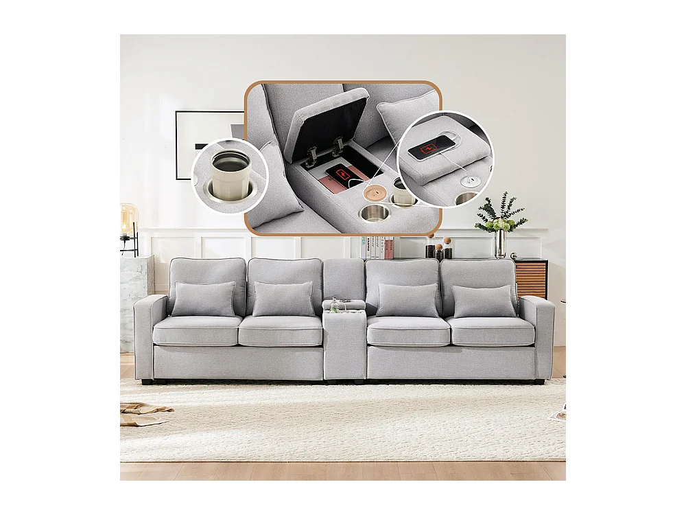 Canapé fixe 4 places avec console 2 porte-gobelets 2 ports USB pour recharger avec un câble avec poches d'accoudoirs lin Gris