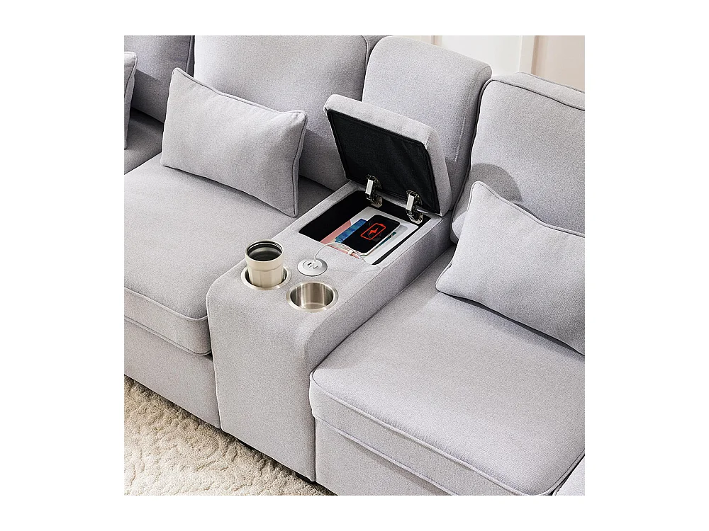 Canapé fixe 4 places avec console 2 porte-gobelets 2 ports USB pour recharger avec un câble avec poches d'accoudoirs lin Gris