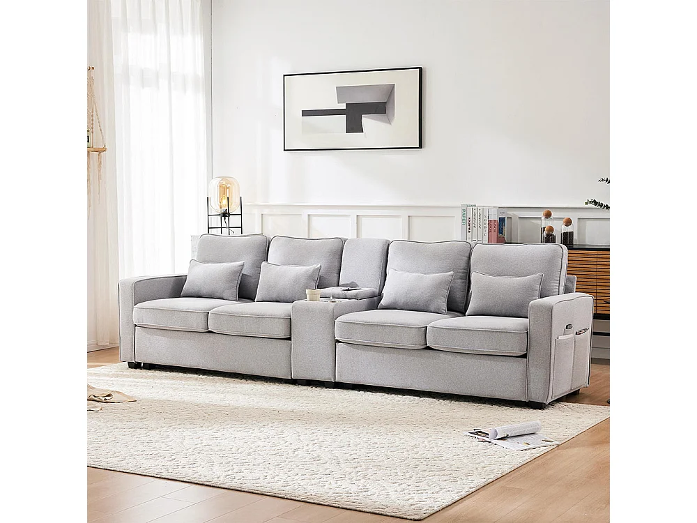 Canapé fixe 4 places avec console 2 porte-gobelets 2 ports USB pour recharger avec un câble avec poches d'accoudoirs lin Gris