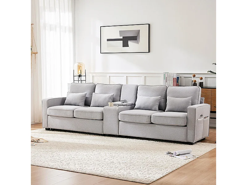 Canapé fixe 4 places avec console 2 porte-gobelets 2 ports USB pour recharger avec un câble avec poches d'accoudoirs lin Gris