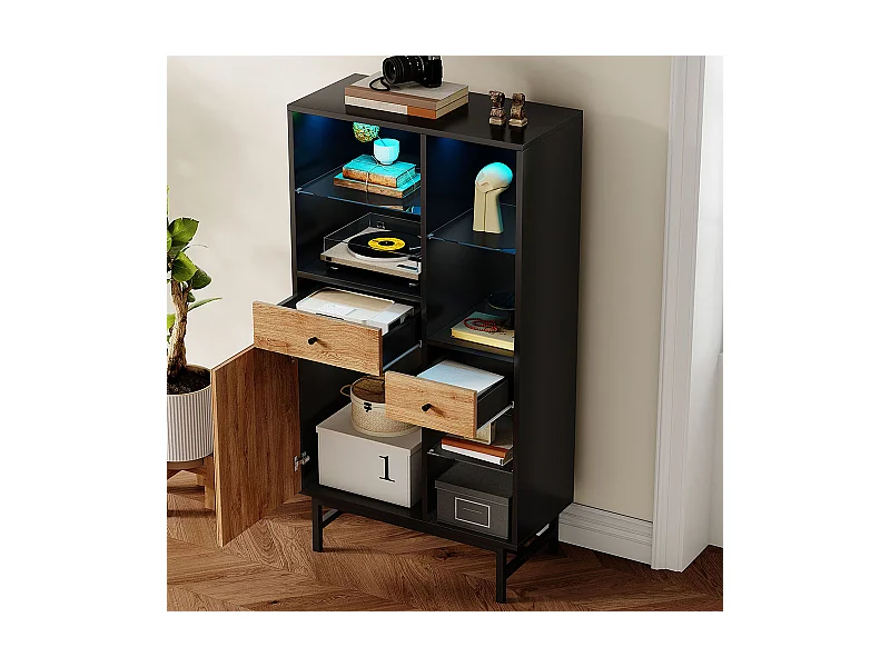 Vitrine avec bandeau lumineux LED armoire de cuisine avec 2 tiroirs et étagères en verre veinage du bois triangulaire Noir