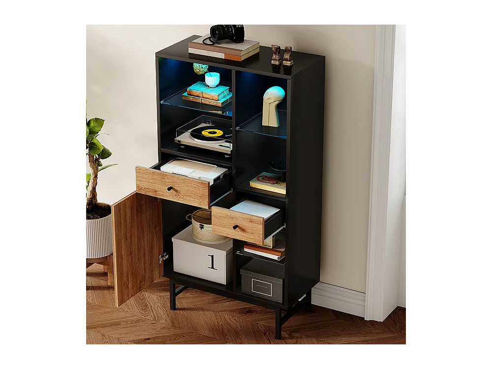 Vitrine avec bandeau lumineux LED armoire de cuisine avec 2 tiroirs et étagères en verre veinage du bois triangulaire Noir