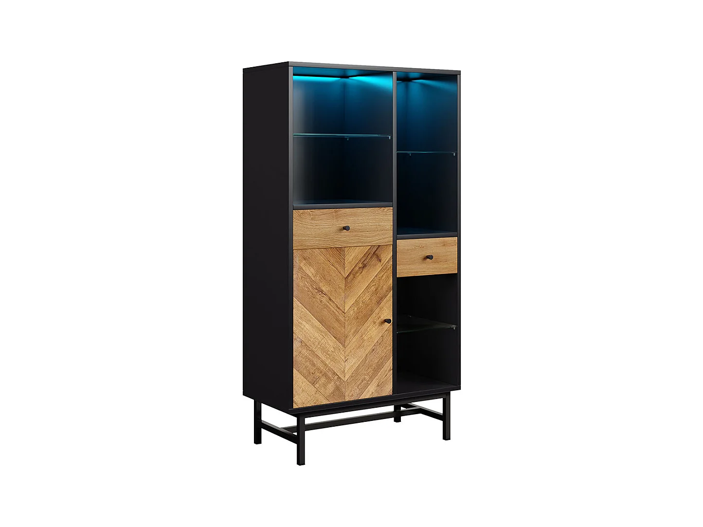 Vitrine avec bandeau lumineux LED armoire de cuisine avec 2 tiroirs et étagères en verre veinage du bois triangulaire Noir