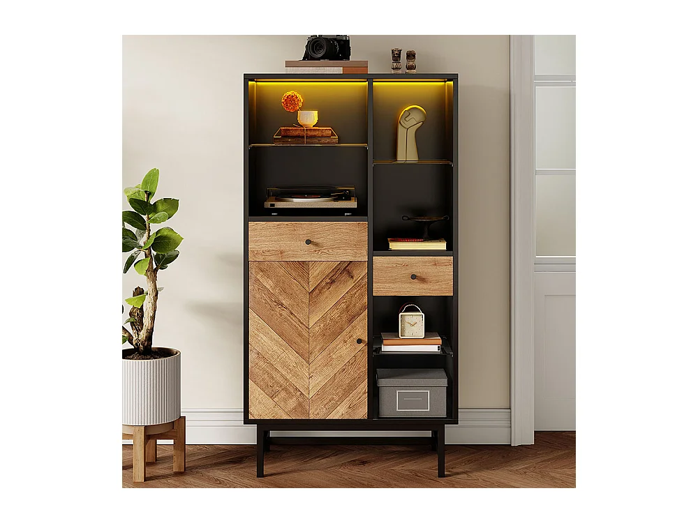 Vitrine avec bandeau lumineux LED armoire de cuisine avec 2 tiroirs et étagères en verre veinage du bois triangulaire Noir