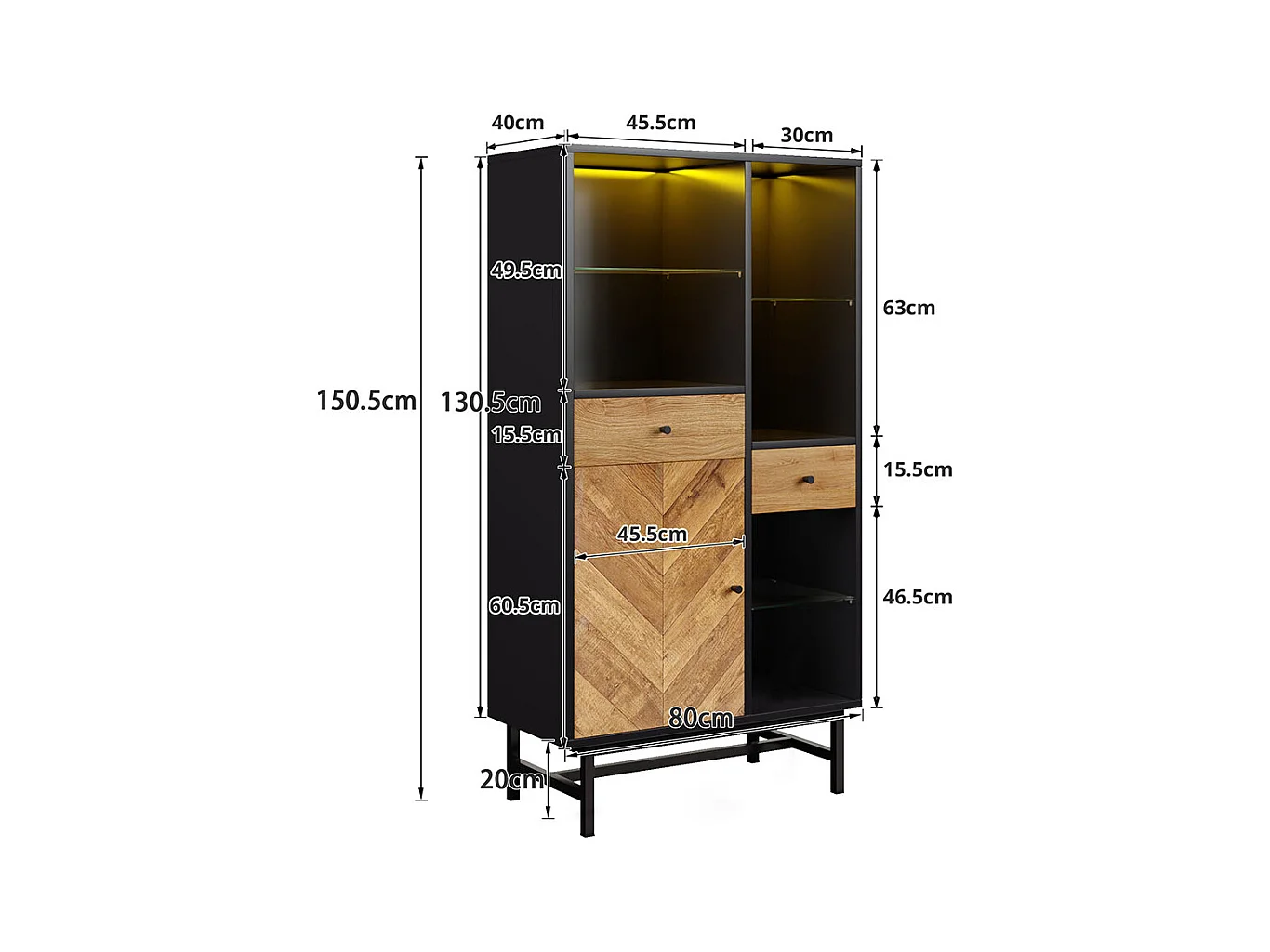 Vitrine avec bandeau lumineux LED armoire de cuisine avec 2 tiroirs et étagères en verre veinage du bois triangulaire Noir