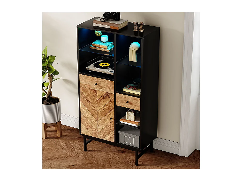 Vitrine avec bandeau lumineux LED armoire de cuisine avec 2 tiroirs et étagères en verre veinage du bois triangulaire Noir