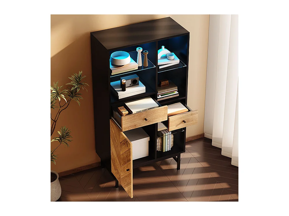 Vitrine avec bandeau lumineux LED armoire de cuisine avec 2 tiroirs et étagères en verre veinage du bois triangulaire Noir