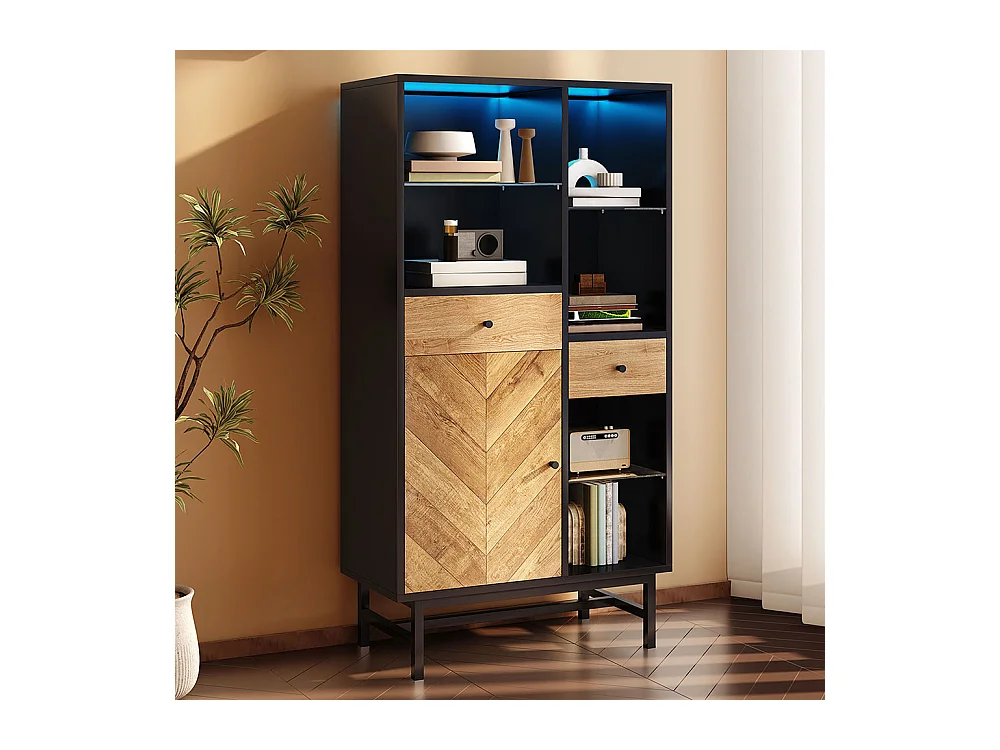 Vitrine avec bandeau lumineux LED armoire de cuisine avec 2 tiroirs et étagères en verre veinage du bois triangulaire Noir