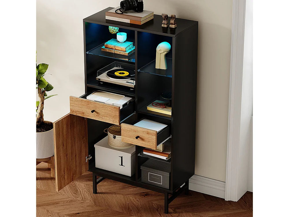 Vitrine avec bandeau lumineux LED armoire de cuisine avec 2 tiroirs et étagères en verre veinage du bois triangulaire Noir