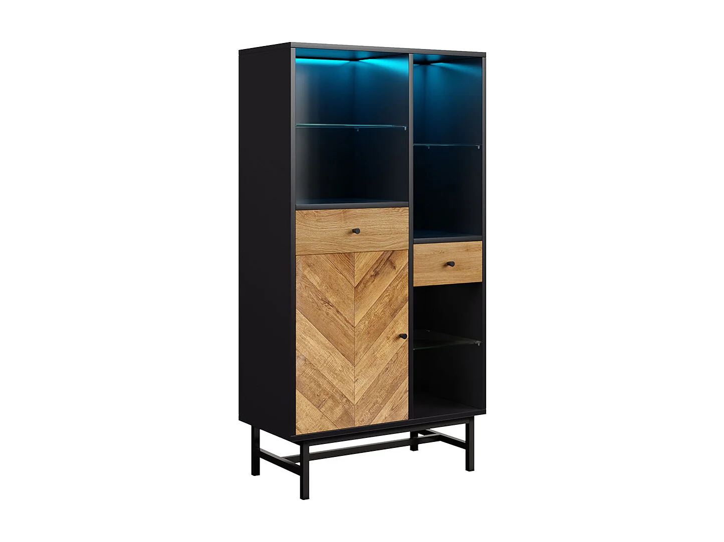 Vitrine avec bandeau lumineux LED armoire de cuisine avec 2 tiroirs et étagères en verre veinage du bois triangulaire Noir