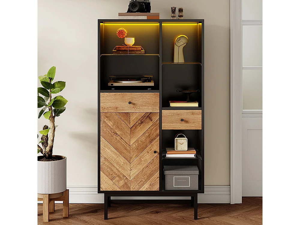 Vitrine avec bandeau lumineux LED armoire de cuisine avec 2 tiroirs et étagères en verre veinage du bois triangulaire Noir