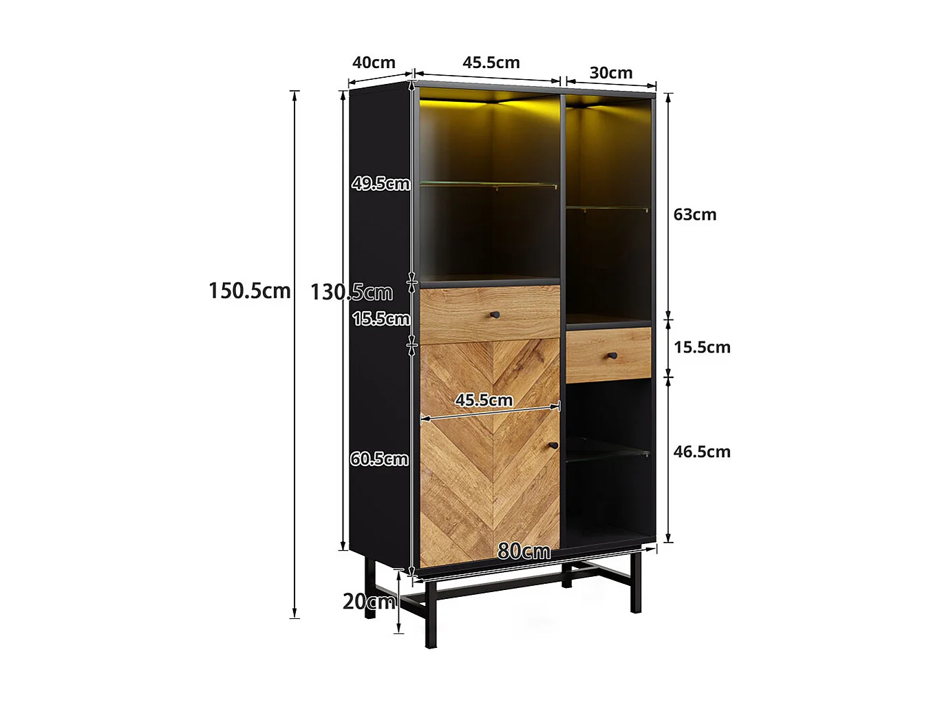 Vitrine avec bandeau lumineux LED armoire de cuisine avec 2 tiroirs et étagères en verre veinage du bois triangulaire Noir