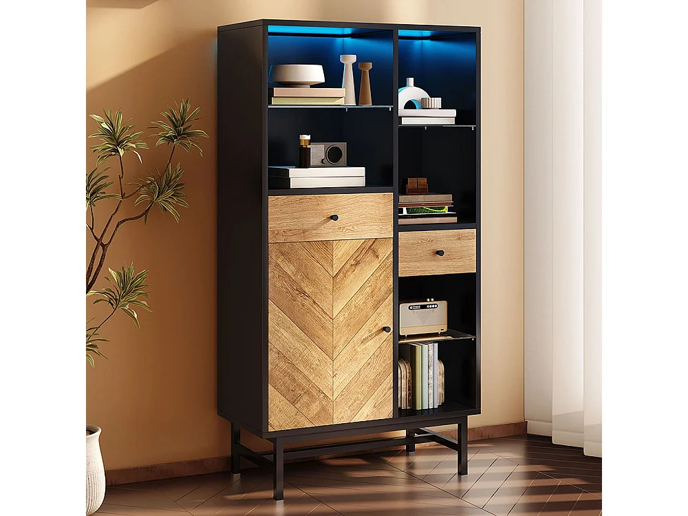 Vitrine avec bandeau lumineux LED armoire de cuisine avec 2 tiroirs et étagères en verre veinage du bois triangulaire Noir