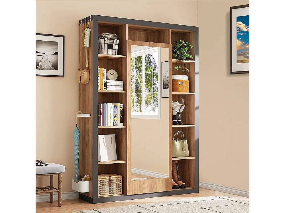 Meuble de rangement avec miroir garde-robe et vitrine combinaison étagère avec un plateau un crochet et des cintres Gris+Noir