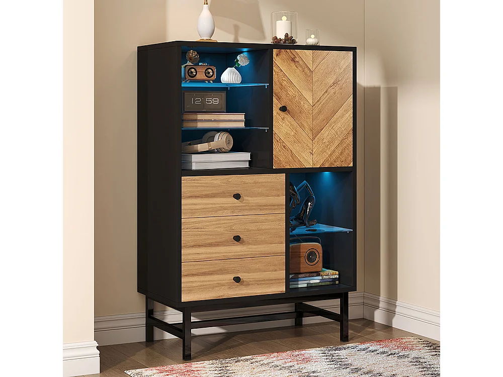 Vitrine avec bandeau lumineux LED armoire de cuisine avec 3 tiroirs et étagères en verre veinage du bois triangulaire Noir