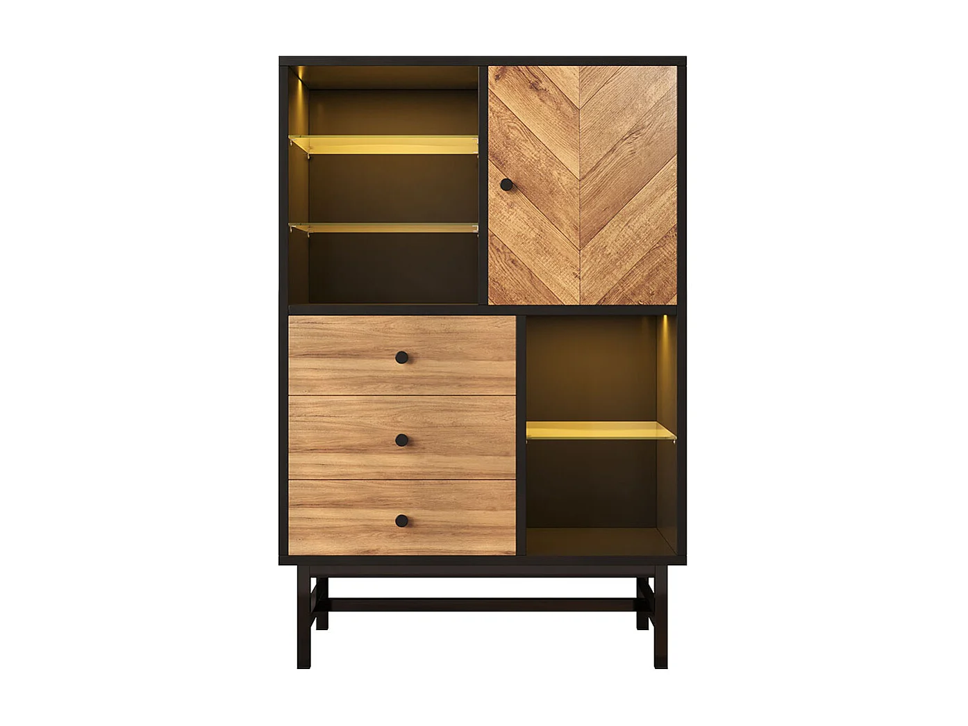 Vitrine avec bandeau lumineux LED armoire de cuisine avec 3 tiroirs et étagères en verre veinage du bois triangulaire Noir