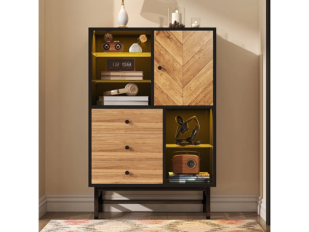 Vitrine avec bandeau lumineux LED armoire de cuisine avec 3 tiroirs et étagères en verre veinage du bois triangulaire Noir