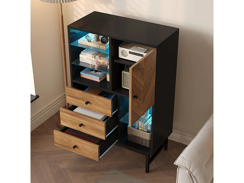 Vitrine avec bandeau lumineux LED armoire de cuisine avec 3 tiroirs et étagères en verre veinage du bois triangulaire Noir