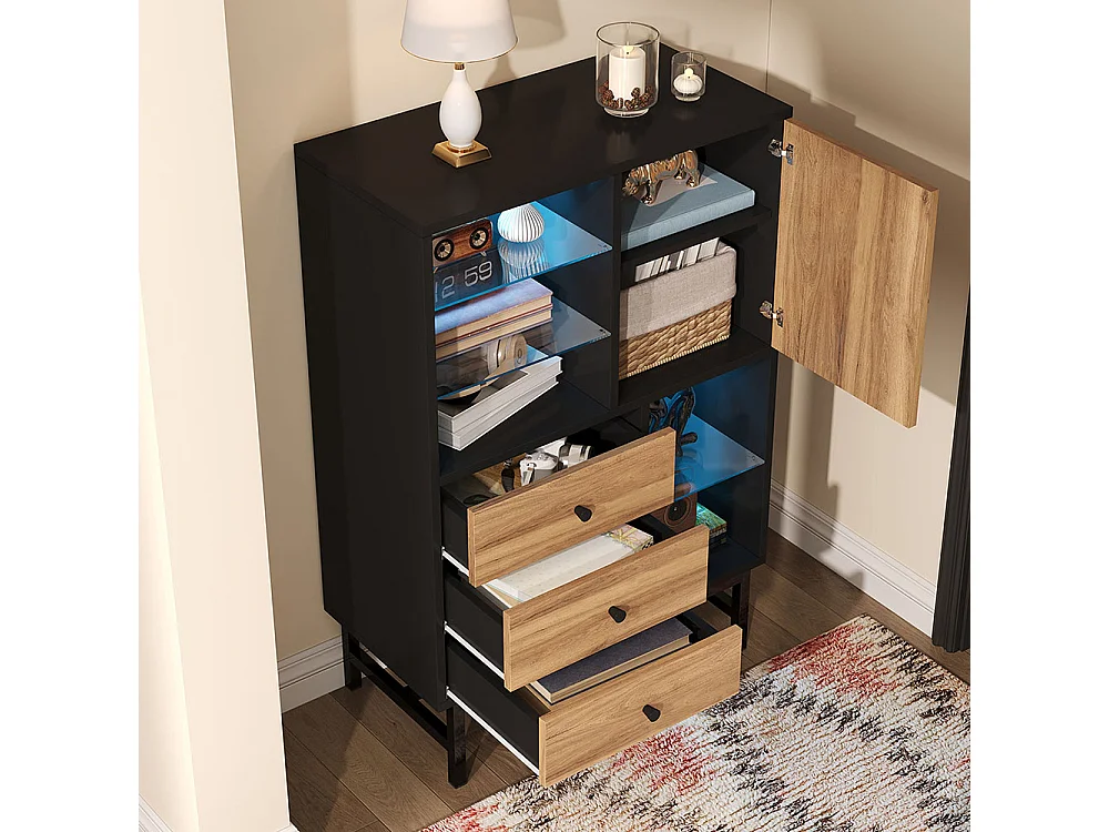 Vitrine avec bandeau lumineux LED armoire de cuisine avec 3 tiroirs et étagères en verre veinage du bois triangulaire Noir