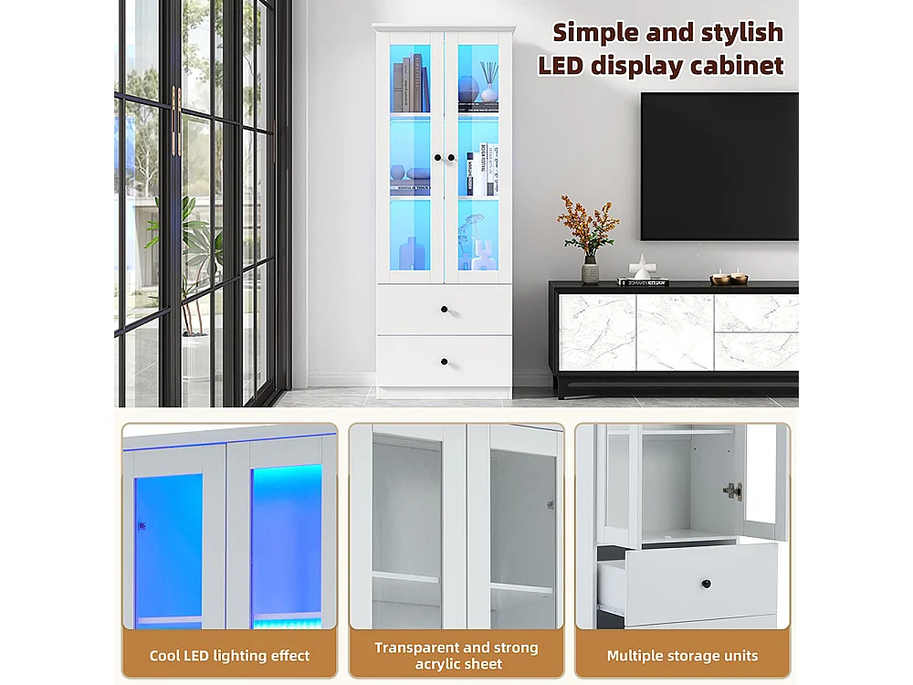 Vitrine moderne à LED mat avec port et 2 tiroirs USB télécommande 16 couleurs vitrine verticale avec étagères réglables MDF blanc