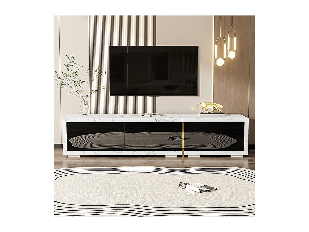 Meuble TV de longueur variable fonction pivotante aspect marbre blanc finition noire brillante mate et ornements dorés Noir